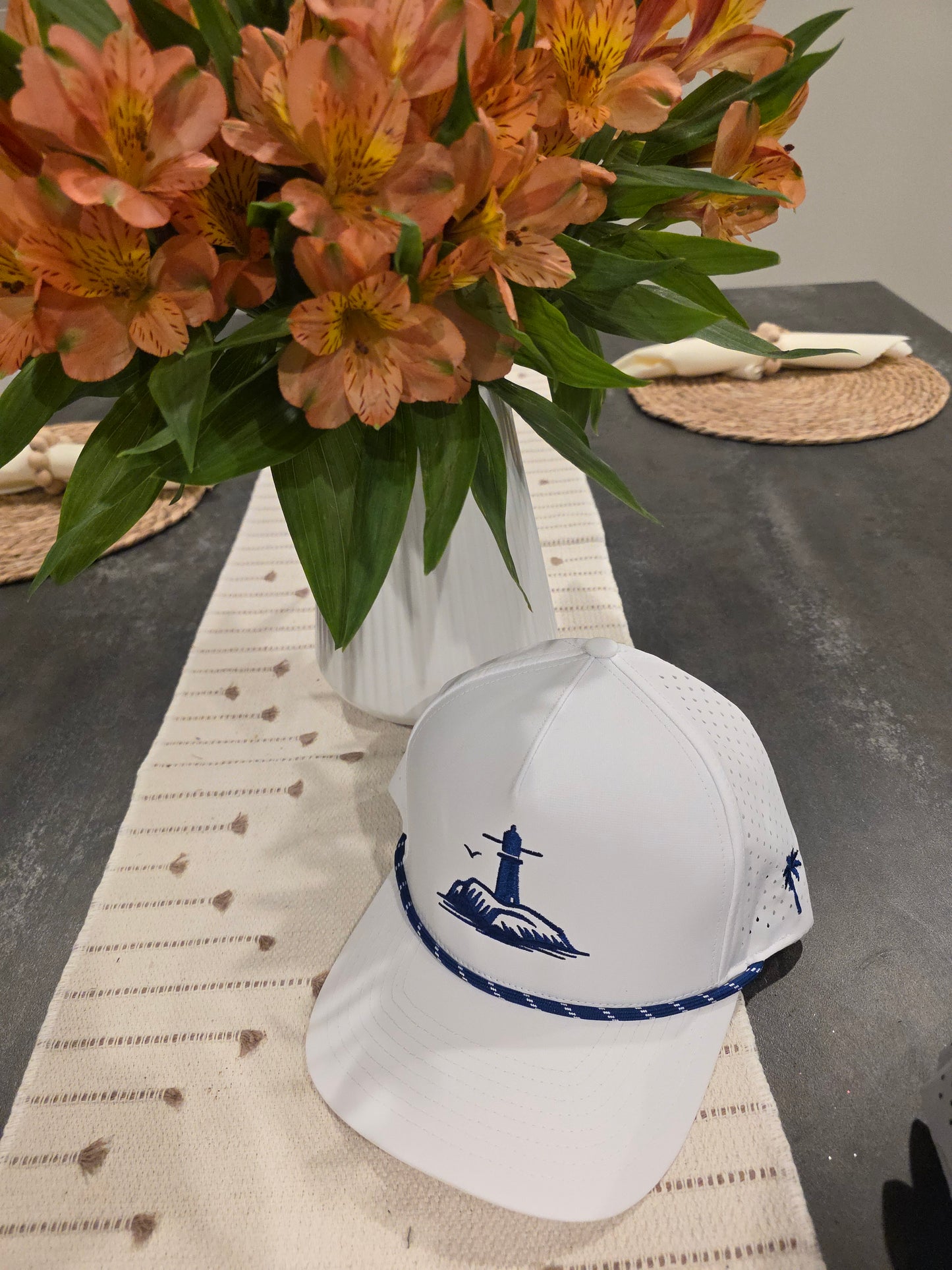 Dark blue on white snap back Island golf hat